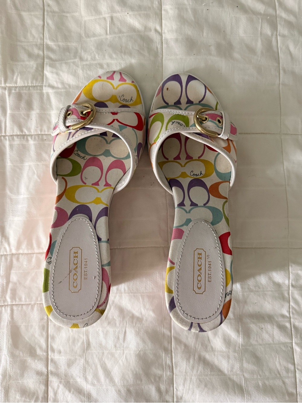Coach Multicolor Signature Slides with Gold Buckle
